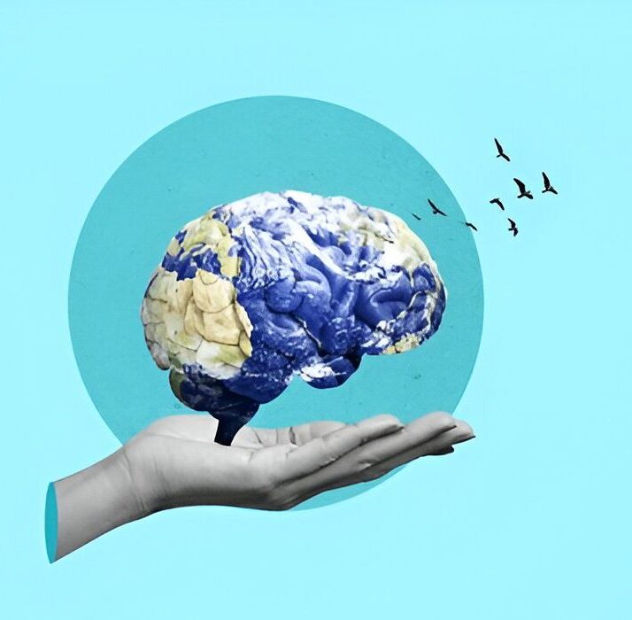 A surreal brain sculpture held in a hand with birds flying in the background.