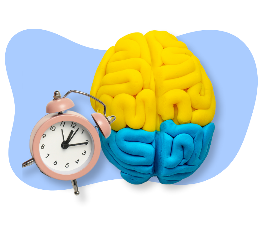 Clay model of a colorful brain with a pink retro alarm clock beside it on a pastel background.